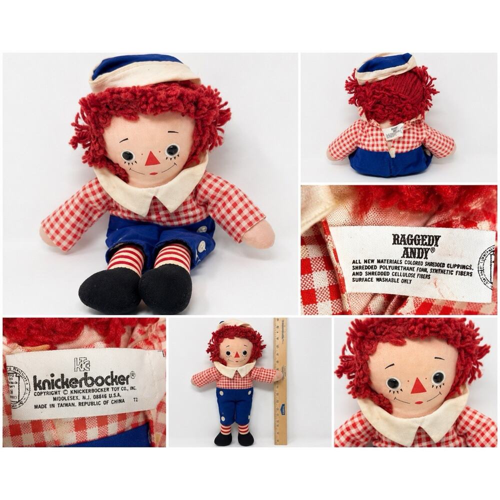 Vintage Knickerbocker Raggedy Andy Doll 14” Plush Cloth Doll Red Yarn Hair